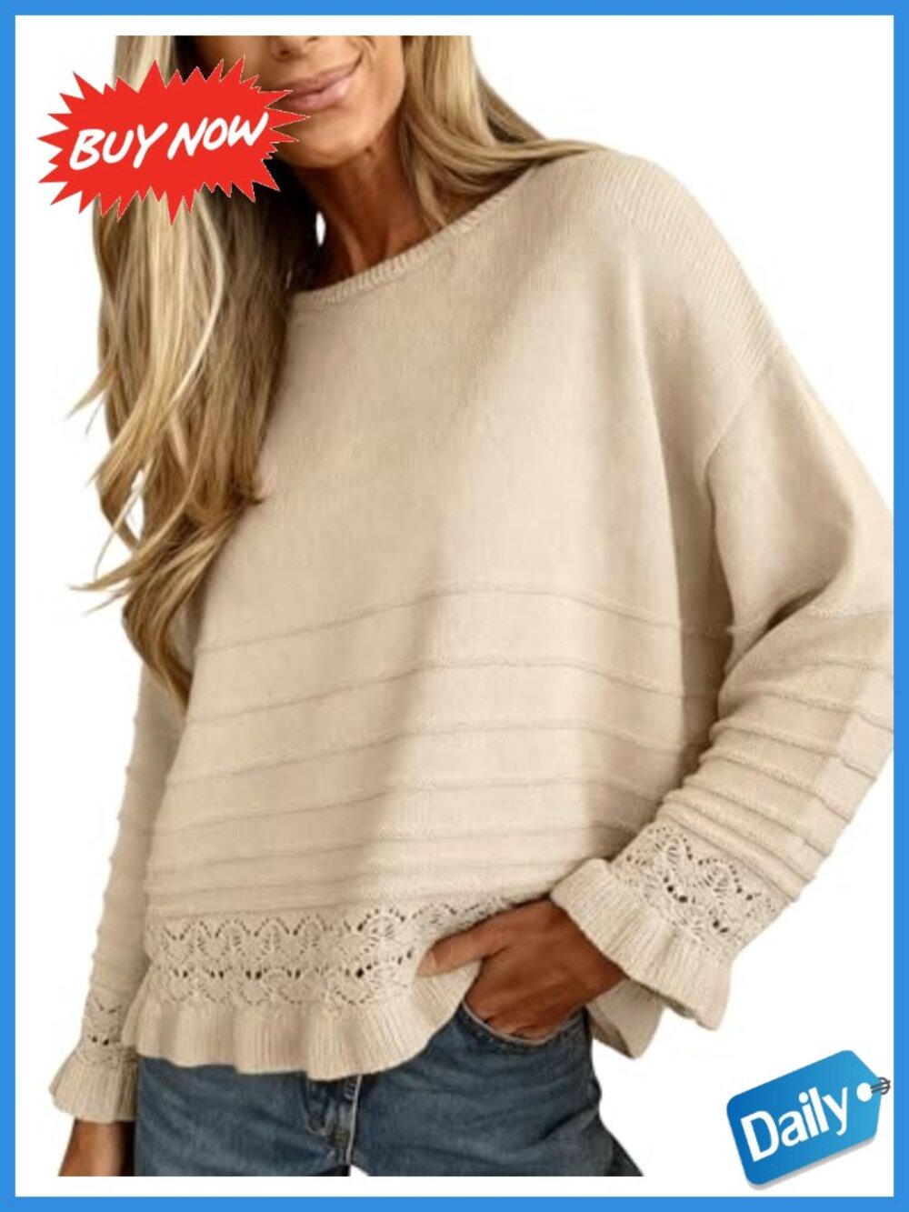 Womens Pullover Sweater Crew Neck Ruffled Hem Knit Long Sleeve Casual Top